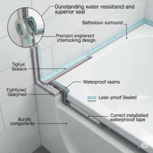 Diagram focusing on the excellent water resistance and tight seal provided by a properly installed acrylic bathtub surround, preventing leaks.