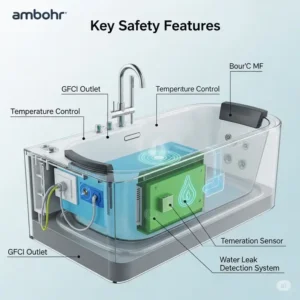 Visual representation of key safety features integrated into the Ambohr electric bathtub design for user peace of mind.