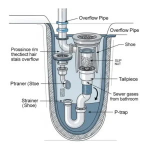 Comprehensive diagram labeling the key components of a typical bathtub drain assembly, including the overflow pipe, shoe, and P-trap.