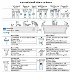 Chart detailing the compatibility of various water filter for bathtub faucet with different styles and sizes of bathtub faucets.