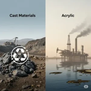 An illustration showing the raw materials for cast iron (iron ore) and acrylic (petroleum-based plastic) with an accompanying subtle visual cue for recyclability or environmental impact, providing insight into the material sourcing for cast iron vs acrylic bathtub.