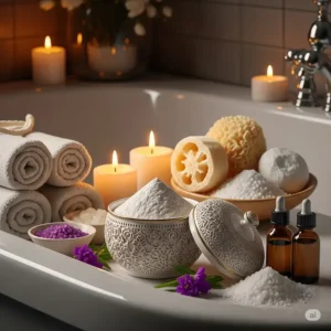 A visually appealing arrangement of different types of bathtub powder and spa accessories on the edge of a bathtub.