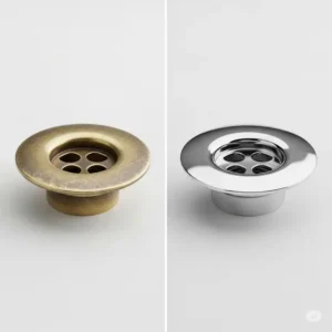 A side-by-side comparison showcasing an old, worn bathtub overflow drain cover next to a new, shiny replacement for an aesthetic upgrade.