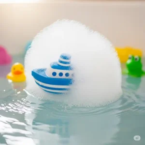 A cute boat bathtub toy peeking through a pile of white, fluffy bubbles in a child's bath.