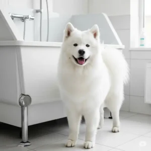 A sparkling clean and fluffy dog standing next to a dog grooming bathtub, showcasing the successful results of a bath.