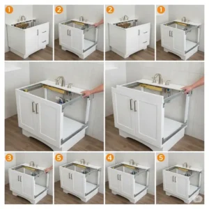 A step-by-step image showing a person installing a new bathroom vanity 32 inch , with the plumbing connections visible.