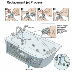 Illustration depicting the replacement process for a jetted bathtub jet nozzle, a common maintenance task for these parts.