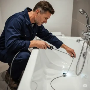 A professional plumber inspecting or repairing a bathtub that has a draining issue.