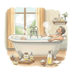 Illustration of a person relaxing in a comfortable china bathtub, conveying the benefits of a soothing bathing experience.