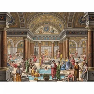 Historical illustration depicting the significance of Roman bathtubs and public baths in daily Roman life and culture.