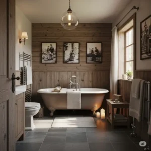 Rustic style bathroom with charming bathtub wall pictures, bringing warmth and character to the space.