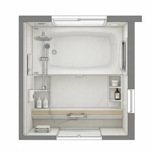 Layout illustration of a compact bathtub floor design optimized for small bathrooms, maximizing space and functionality.