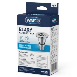 "Packaging for a new watco bathtub drain, clearly displaying product information and brand quality for reliable plumbing solutions."