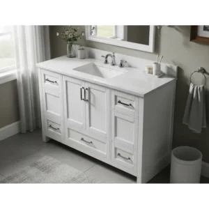 Bright white 60 inch bathroom vanity with a ceramic top, offering a clean and classic look for any bathroom decor.