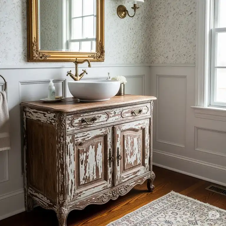 An elegant master bathroom featuring a distressed antique cabinet bathroom vanity, complete with a vessel sink and vintage-style brass faucet.