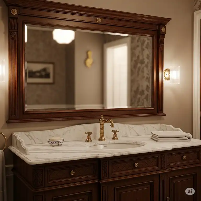 An ornate, dark wood antique style bathroom vanity with a marble countertop, vintage brass faucets, and a large mirror, creating a luxurious and classic feel.