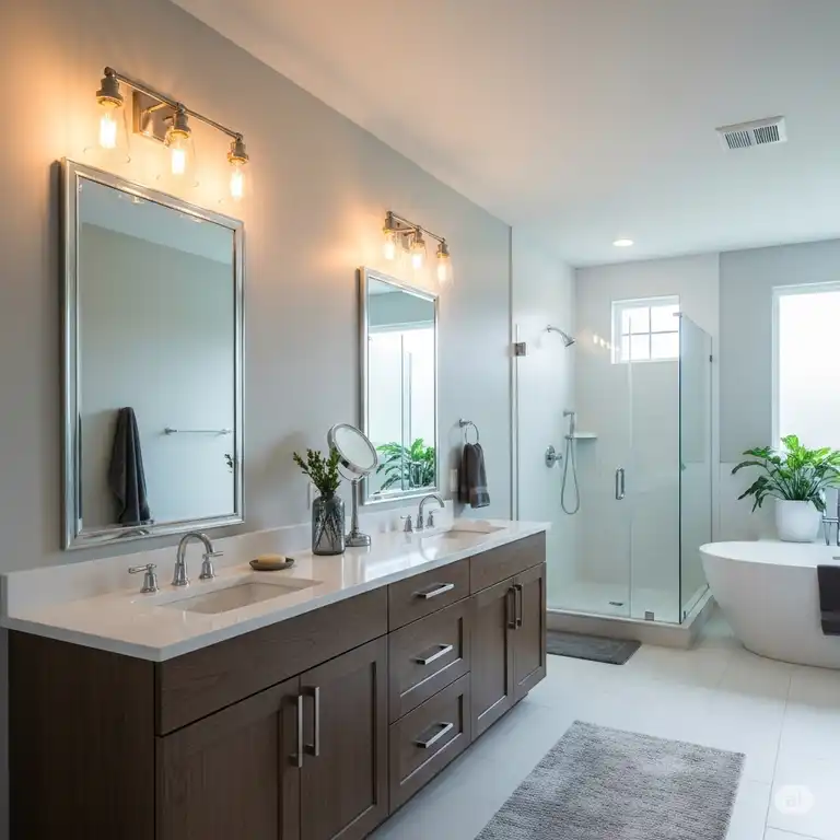 A modern bathroom with a double vanity and sleek bathroom vanity lights brushed nickel, creating a warm, inviting atmosphere.