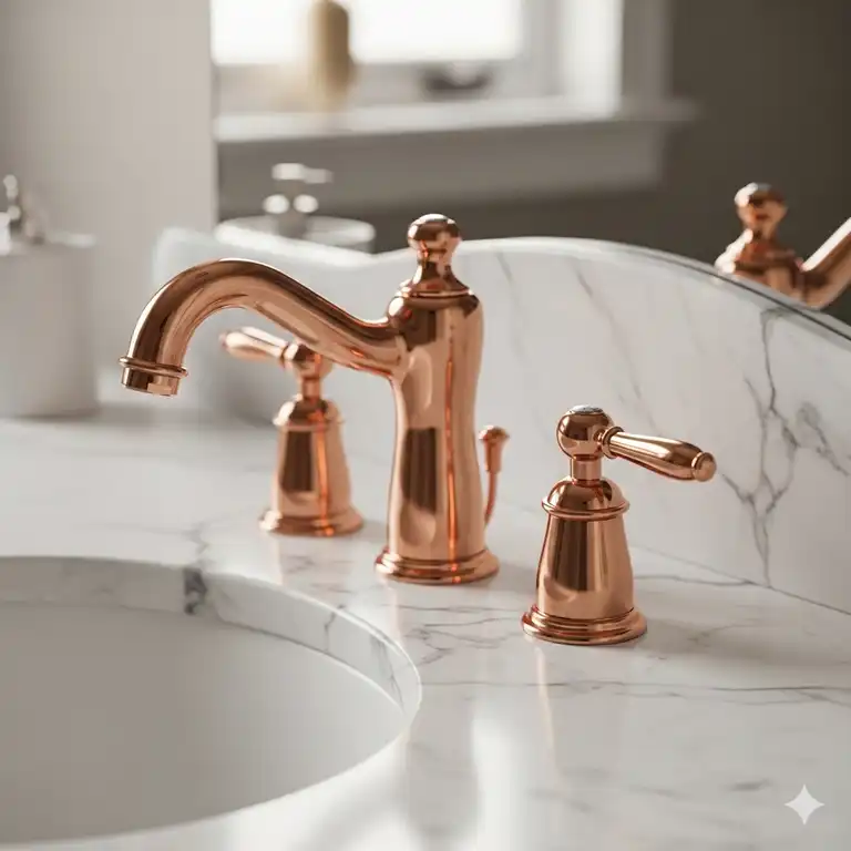 A stunning, polished copper bathroom faucets installed on a white marble countertop, showcasing its elegant design.