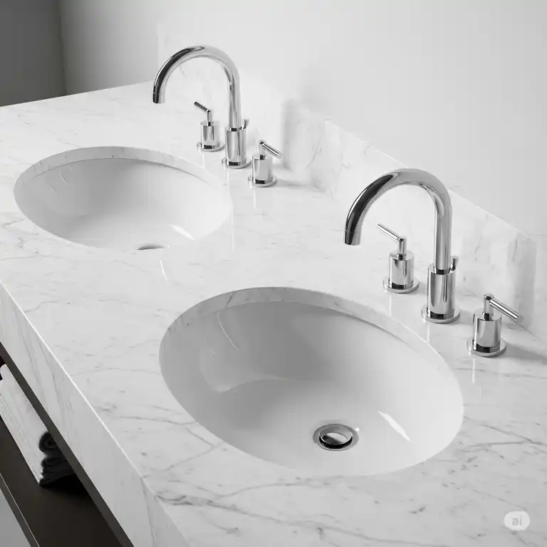 A stunning, modern white marble double sink bathroom vanity top with undermount sinks and elegant chrome faucets, perfect for a master bathroom.