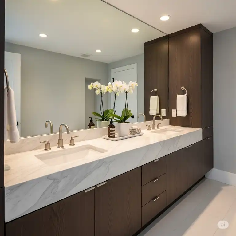 A stunning, modern luxury bathroom vanity with a double sink, marble countertop, and custom cabinetry.