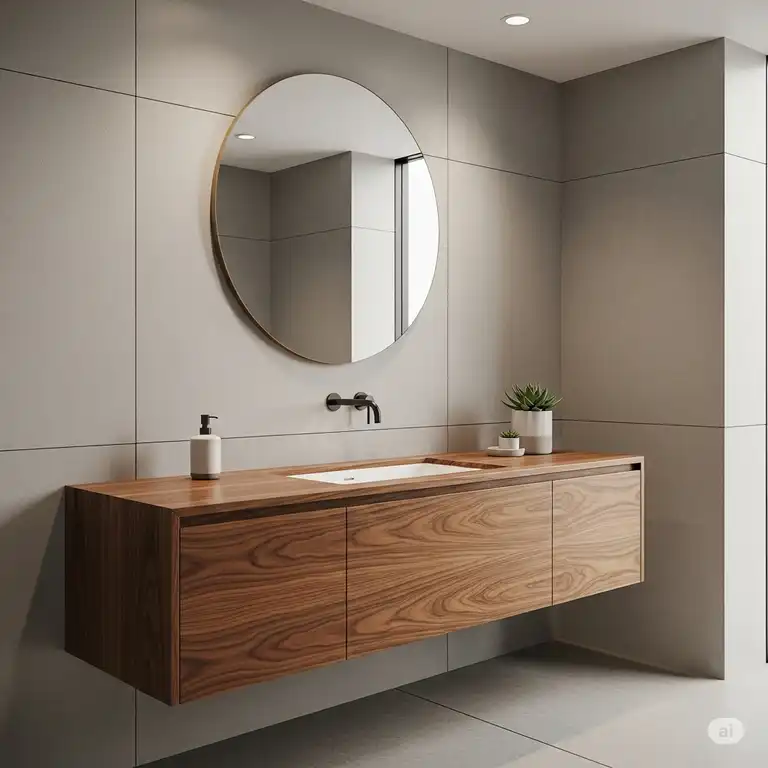 A beautiful mid century modern bathroom vanity made of walnut wood with clean lines and integrated basin, complementing a minimalist bathroom design.