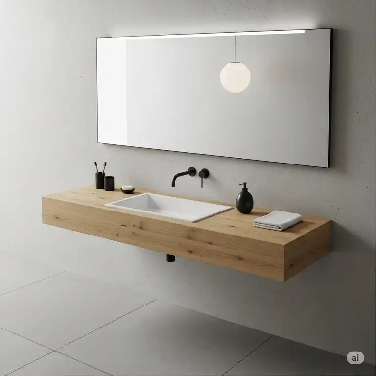 A sleek, minimalist modern bathroom sink with a floating vanity, emphasizing clean lines and contemporary design.