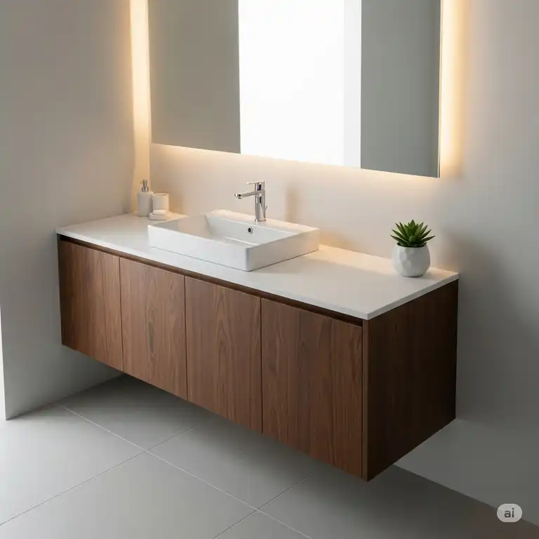 A stylish, modern bathroom features a white drop in bathroom sinks with a sleek faucet, seamlessly integrated into a dark wood vanity.