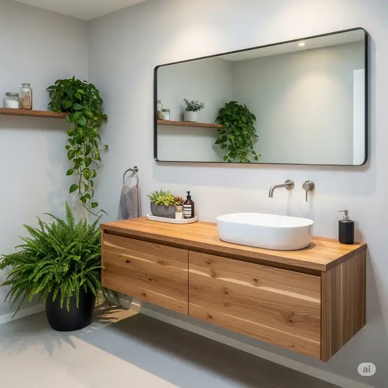A modern, clean bathroom featuring a stylish natural wood bathroom vanity with a white vessel sink, a large mirror, and lush green plants.