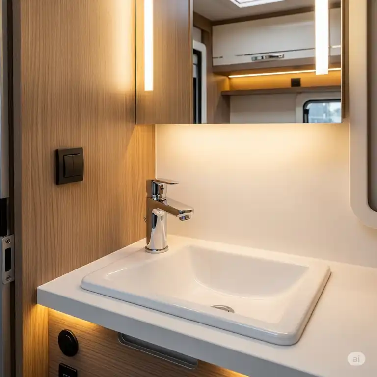 A compact and stylish white porcelain bathroom sink for motorhome with a chrome faucet, installed in a modern motorhome bathroom to save space.