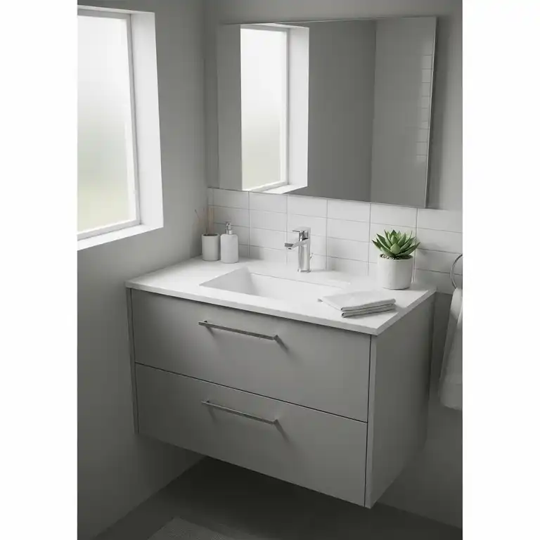 A modern, narrow depth bathroom vanity with a white countertop and sleek hardware, perfectly installed in a compact bathroom to save space.