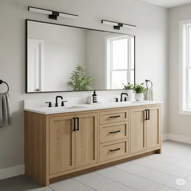 A modern, double-sink oak bathroom vanity with a minimalist design, dark hardware, and a white countertop, enhancing a bright, contemporary bathroom.
