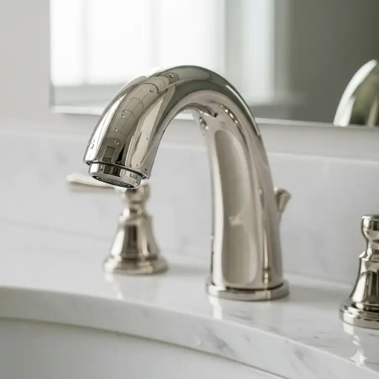 A close-up shot of a modern, polished nickel bathroom faucet with a sleek, curved spout, mounted on a pristine white marble countertop. The highly reflective surface of the faucet gleams under the light.