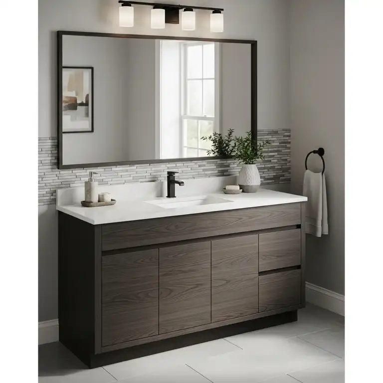 A stunning, modern bathroom featuring RTA bathroom vanity cabinets with a pristine white countertop, showing the finished product.