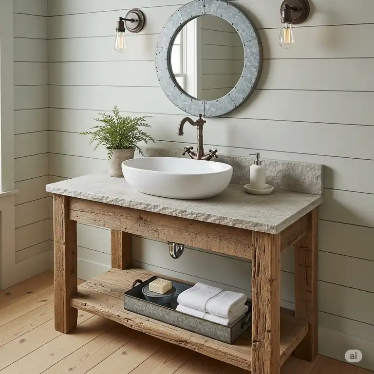 This is one of the most beautiful rustic vanities for bathrooms, featuring a weathered wood finish, a stone countertop and a vessel sink, perfectly complementing the farmhouse-style decor.