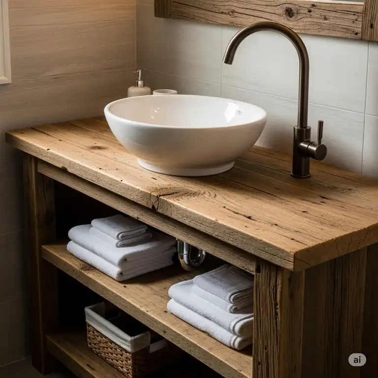 A beautiful rustic looking bathroom vanities made from reclaimed wood, featuring a white vessel sink and a bronze faucet, adding a farmhouse feel to the bathroom decor.