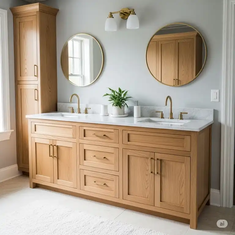 A beautiful solid wood bathroom vanity with a double sink, featuring a natural wood finish and modern brass hardware. This elegant piece adds warmth and functionality to a master bathroom.