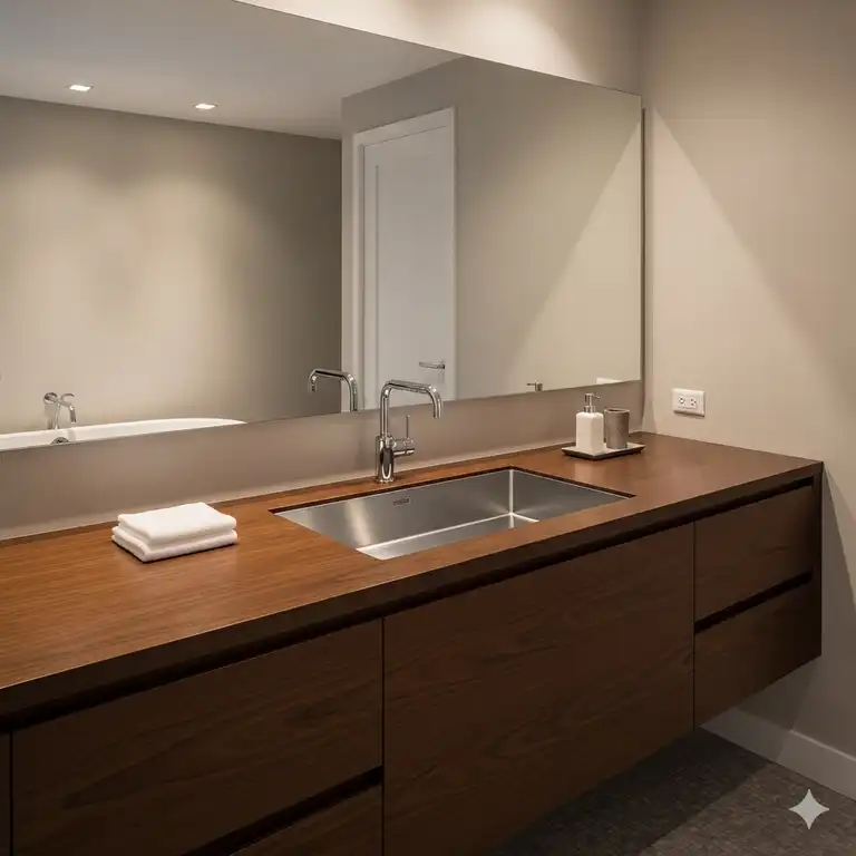 A modern bathroom featuring a high-quality stainless steel bathroom sink installed in a dark wood vanity.
