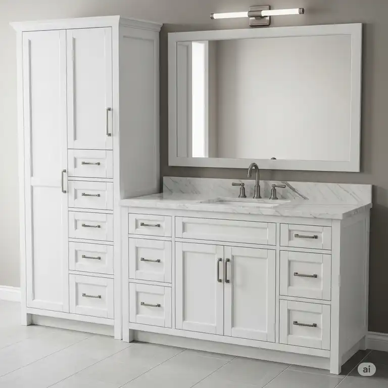 A stylish white bathroom vanity with a linen cabinet featuring brushed nickel hardware and a marble countertop.
