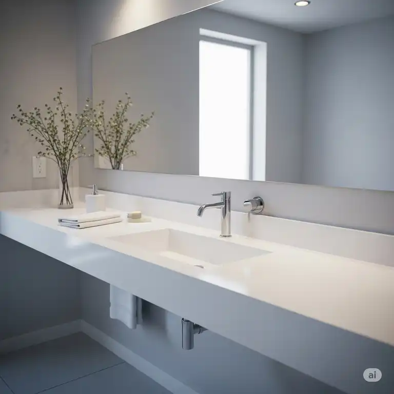 A modern bathroom features sleek white countertops with clean under counter bathroom sinks, highlighting a seamless design.