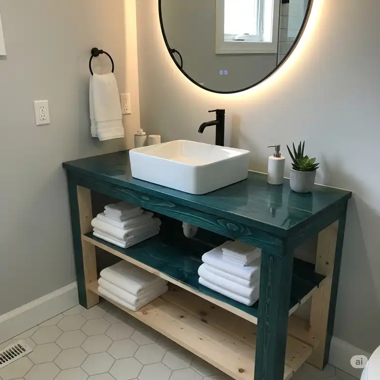 A stylish bathroom featuring a stunningly painted and sealed unfinished bathroom vanity with a modern sink, showcasing the potential of a DIY project.