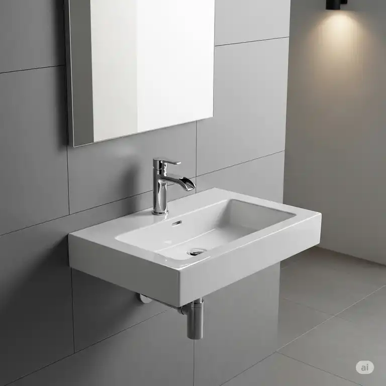 A sleek, modern wall mounted bathroom sinks with a chrome faucet, installed in a minimalist bathroom with gray tile walls. This design saves space and creates a clean, open feel.