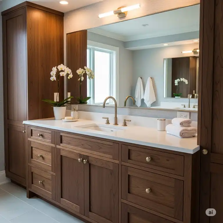"A luxurious bathroom featuring a stunning dark walnut bathroom vanity with a white quartz countertop and modern brushed gold fixtures, bringing warmth and elegance to the space."