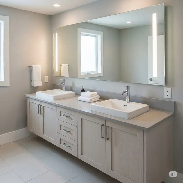 A modern, double-sink white oak bathroom vanity with a quartz countertop, framed by a large mirror and sleek chrome faucets, creating a clean and contemporary look.