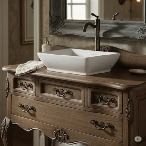 A close-up view of an antique-style bathroom vanity featuring a unique, modern vessel sink and vintage-inspired hardware.