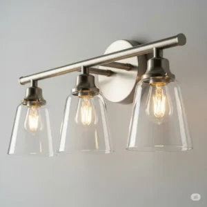 A close-up shot of a single bathroom vanity lights brushed nickel fixture with elegant clear glass shades.