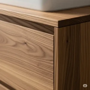 A close-up shot showcasing the natural, rich grain and texture of a high-quality solid wood bathroom vanity, highlighting its craftsmanship and unique character.