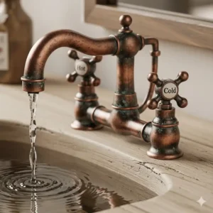 A rustic, antique-style copper bathroom faucets with a distressed finish, perfect for a vintage bathroom aesthetic.