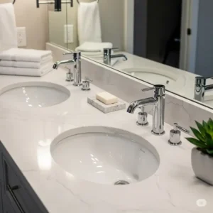 Close-up of the durable quartz countertop and elegant ceramic sinks on a bathroom vanity with double sink.