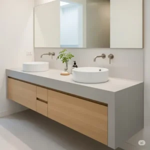 A floating double sink bathroom vanity top with a durable, light-gray quartz countertop and two vessel sinks, saving space and creating a minimalist look.
