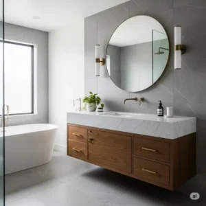 This floating mid century modern bathroom vanity with a white marble countertop creates a spacious feel in a contemporary bathroom.